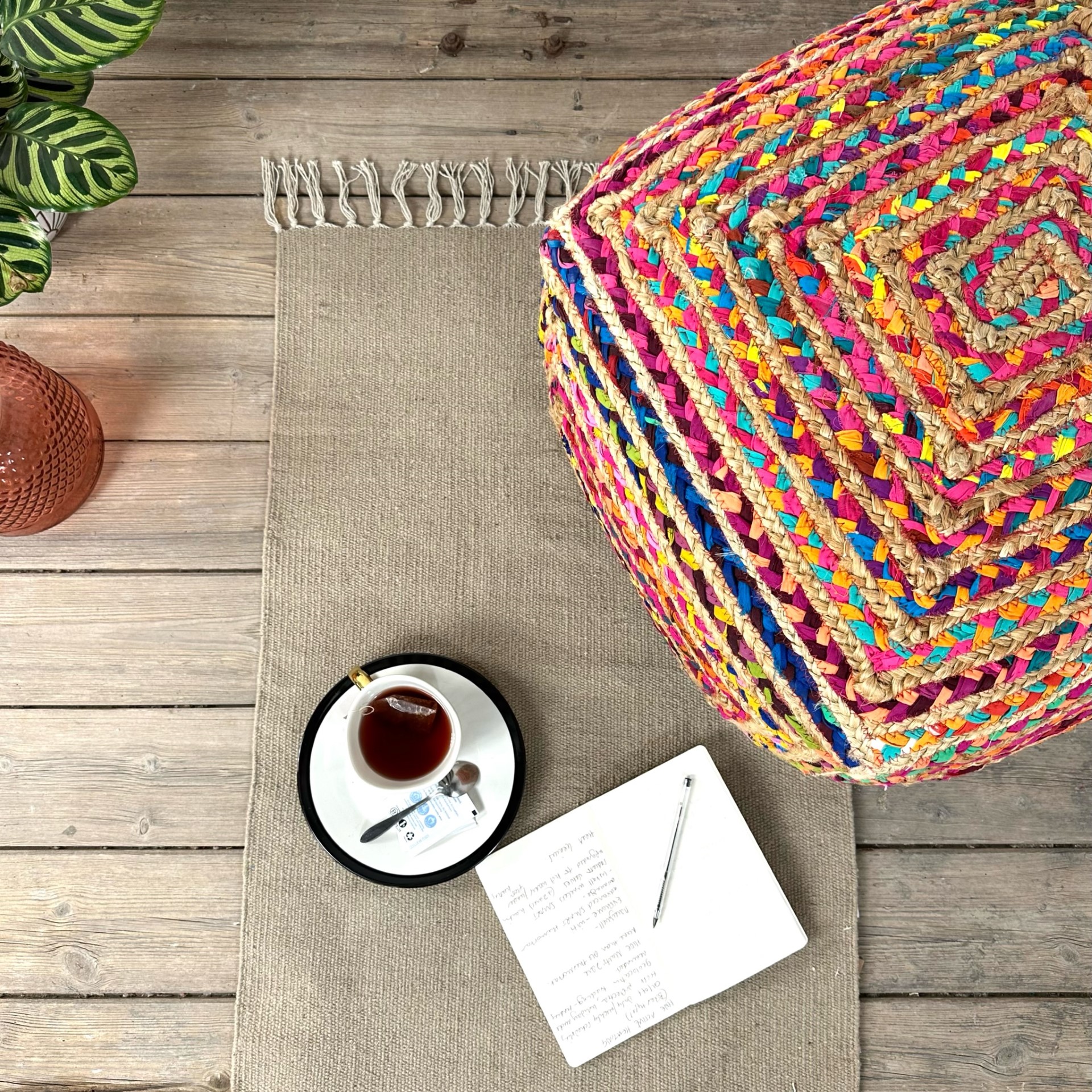 Large, colourful and hard wearing chindi cotton and braided jute square pouffe, ottoman, footrest, low seat